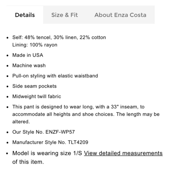 Enza Costa Twill Everywhere Pant Tencel Linen Cotton Pull On Elastic Waist Black - Picture 5 of 5